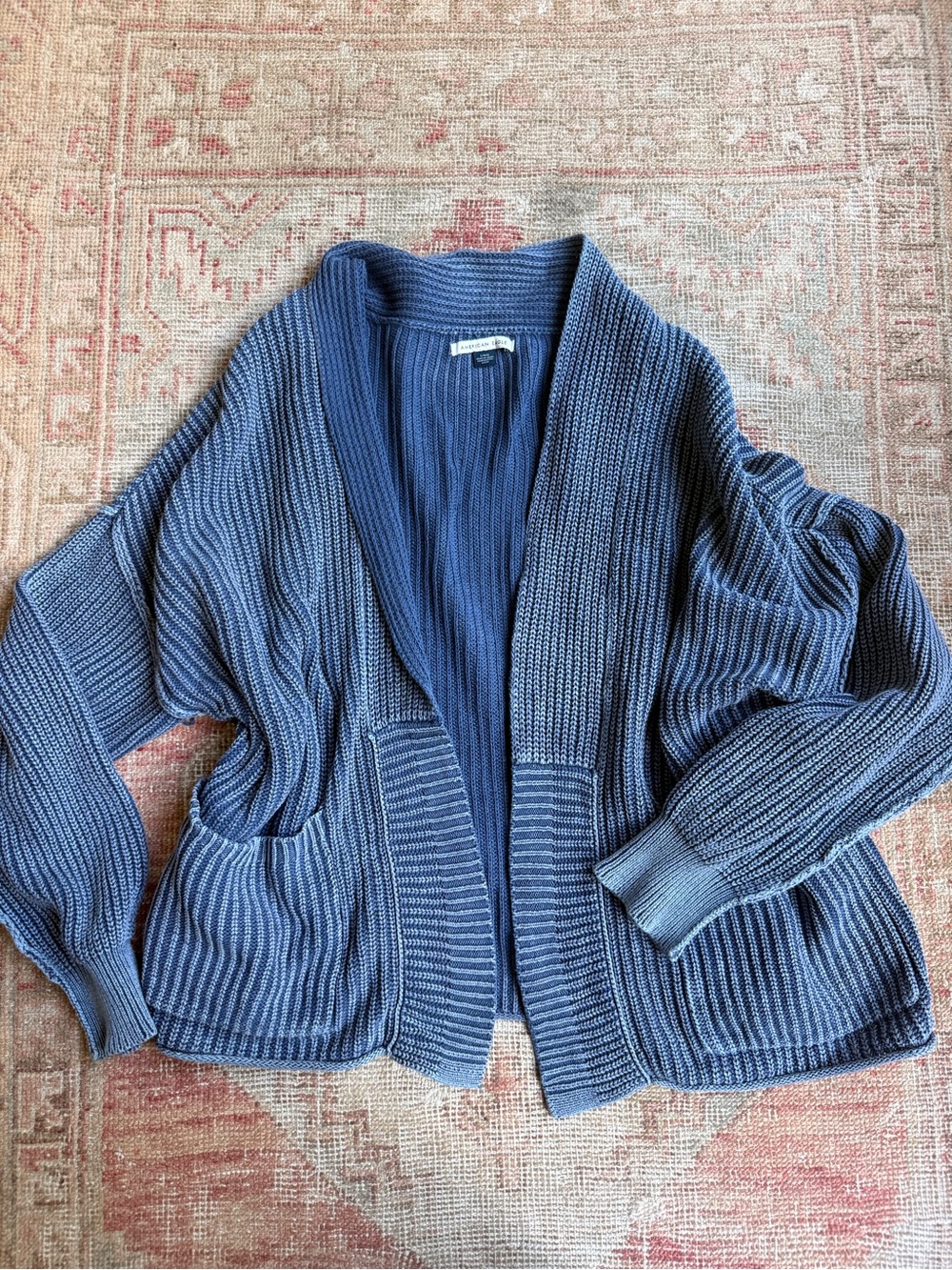 American Eagle Outfitters Blue Ribbed Open-Front Cardigan